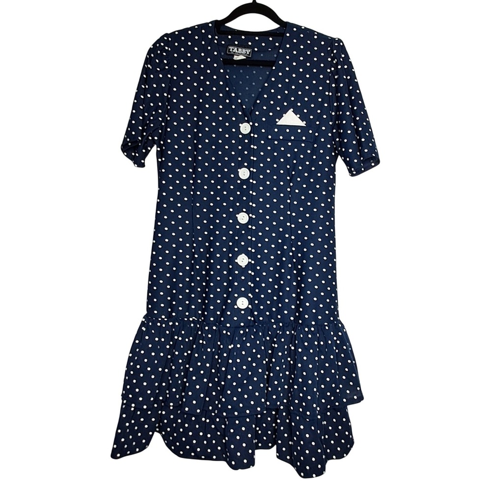 Vintage Polka Dot Mini Dress Womens Size 10 Navy Blue Ruffle Tabby of California